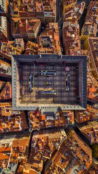 Aerial view of Plaza Mayor, Madrid, Spain (© AirPano LLC/Amazing Aerial Agency) mobile wallpaper