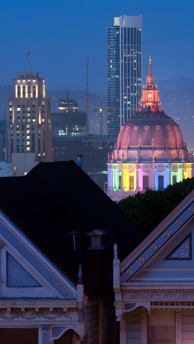 San Francisco City Hall lit up in rainbow lights for Pride, California (© Josh Edelson/AFP via Getty Images) mobile wallpaper