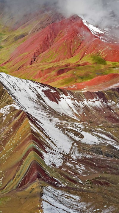Aerial view of snowy peaks of Vinicunca (aka Rainbow Mountain), Peru (© Jude Newkirk/Amazing Aerial Agency) mobile wallpaper