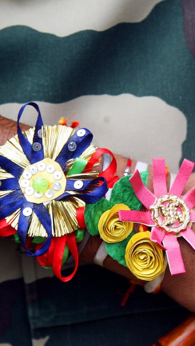 Officer wearing a rakhi on his wrist during rakshabandhan (© Jaipal Singh/EPA/Shutterstock) mobile wallpaper