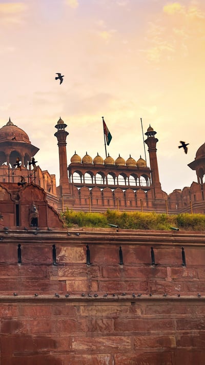 Red Fort Delhi historic monument at sunrise with flying pigeons (© Roop Dey/Alamy Stock Photo) mobile wallpaper