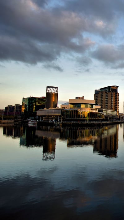 The Lowry Theatre and Imperial War Museum North, with reflections at Salford Quays, Greater Manchester (© Michelle McMahon/Getty Images) mobile wallpaper
