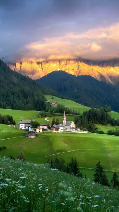 Village of Santa Maddalena, Dolomites, Italy (© Sakrapee Nopparat/Getty Images) mobile wallpaper