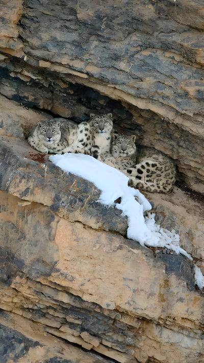 Snow leopard with her cubs, Spiti Valley, Cold Desert Biosphere Reserve, India (© Oriol Alamany/naturepl.com) mobile wallpaper
