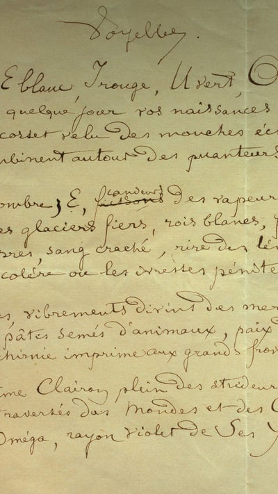 Manuscrit du poème « Les Voyelles » par Arthur Rimbaud (1854-1891), Musée Arthur Rimbaud, Charleville-Mezieres (© Photo by: Christophel Fine Art/Universal Images Group via Getty Images) mobile wallpaper