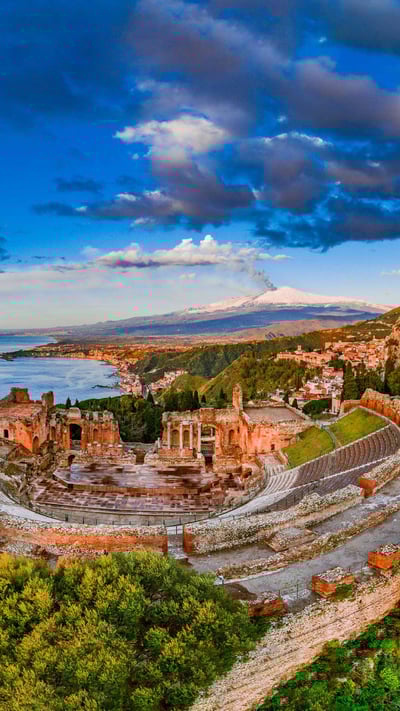 Ancient theater of Taormina in Sicily, Italy (© Antonino Bartuccio/eStock Photo) mobile wallpaper