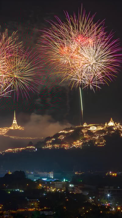 Fireworks over Phra Nakhon Khiri, Phetchaburi, Thailand (© noomcpk/Shutterstock) mobile wallpaper