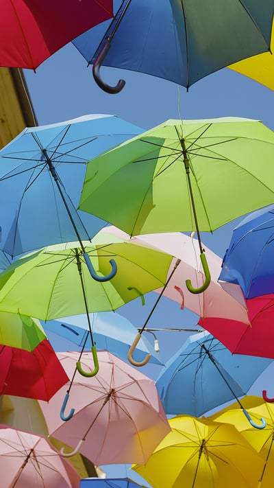 Parapluies colorés dans la rue de la Citadelle à Béziers, France (© Nicole Matthews/Westend61) mobile wallpaper