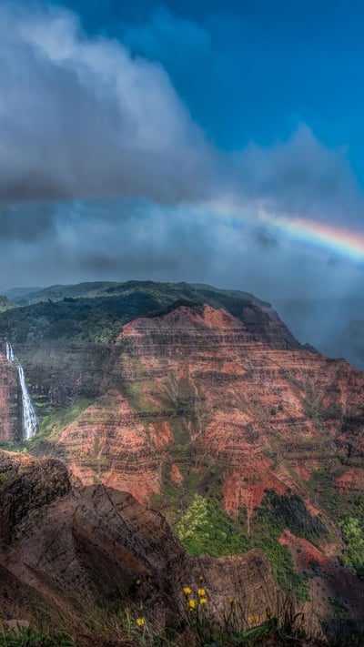 Rainbow over Waimea Canyon and Waipo'o Falls, Kauai, Hawaii (© Beverley Van Praagh/Getty Images) mobile wallpaper